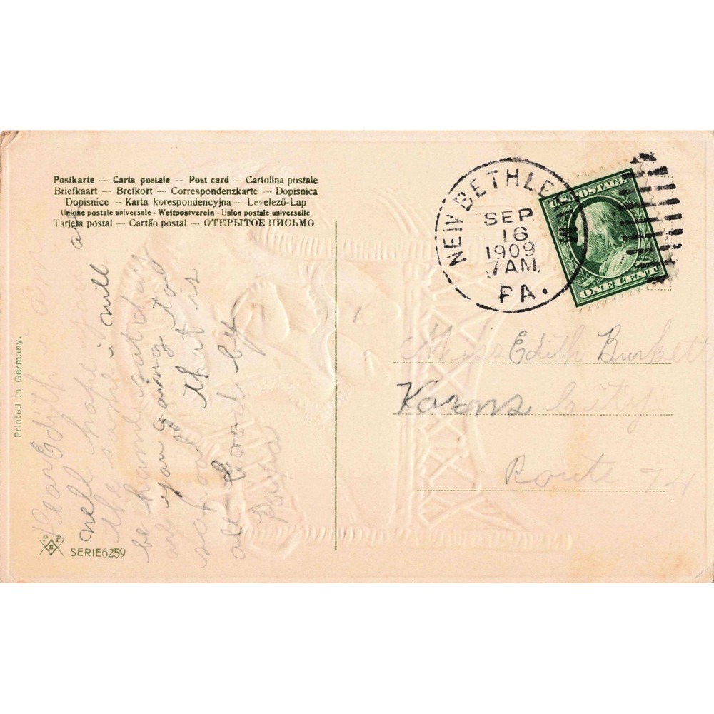New Bethlehem PA 1909 Postmark Embossed Postcard Girl Wicker Chair Cat Doll - Picture 2 of 2